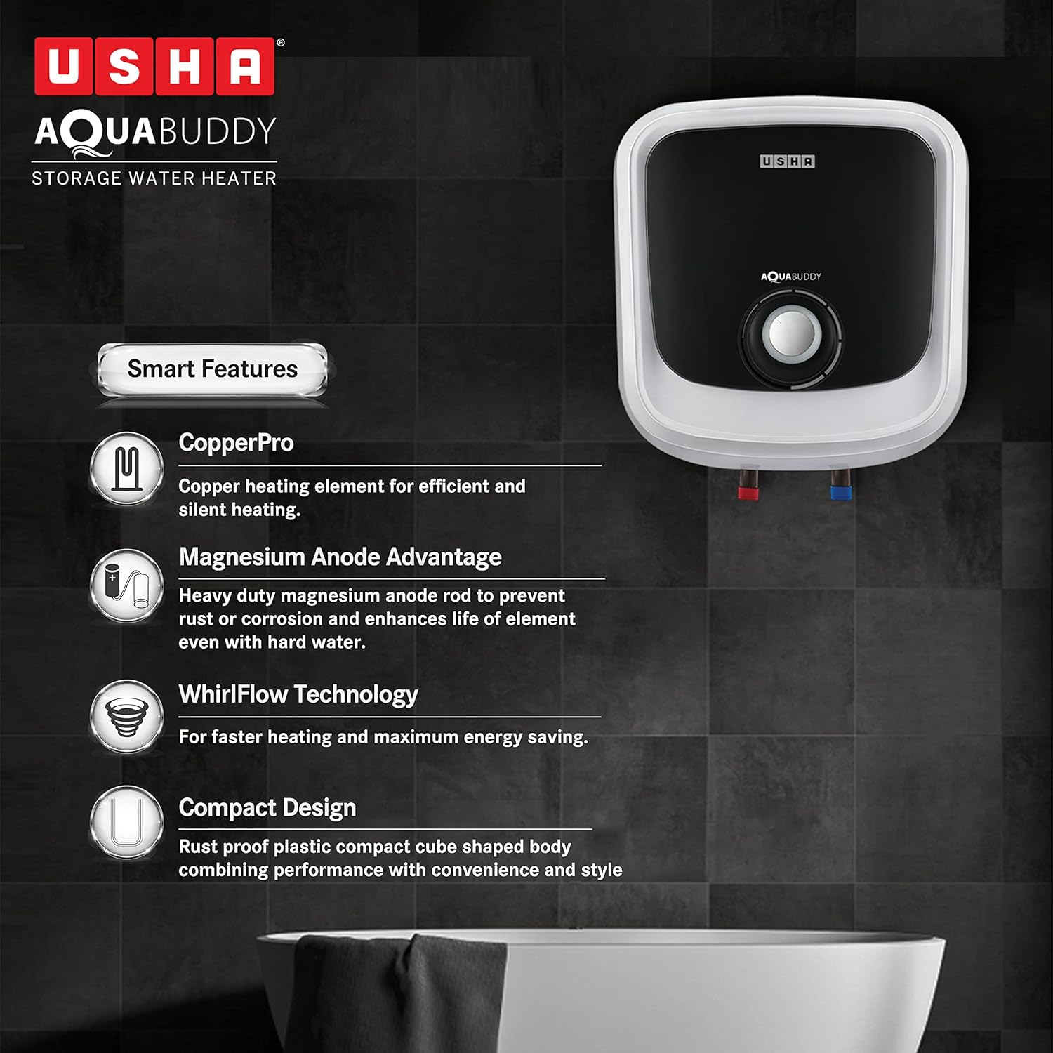 USHA GEYSER SWH AQUABUDDY 15L WHITE BLACK - Image 3