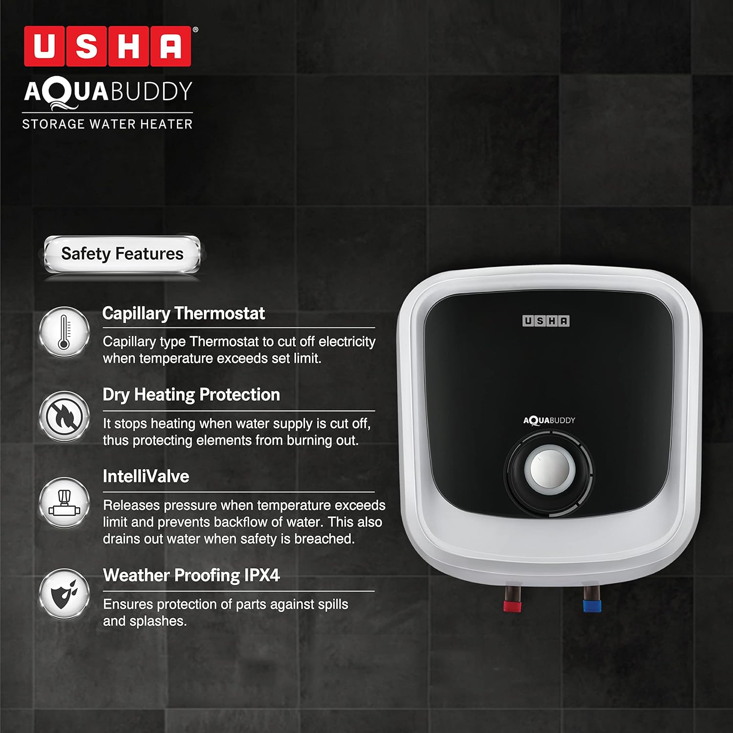 USHA GEYSER SWH AQUABUDDY 15L WHITE BLACK - Image 5