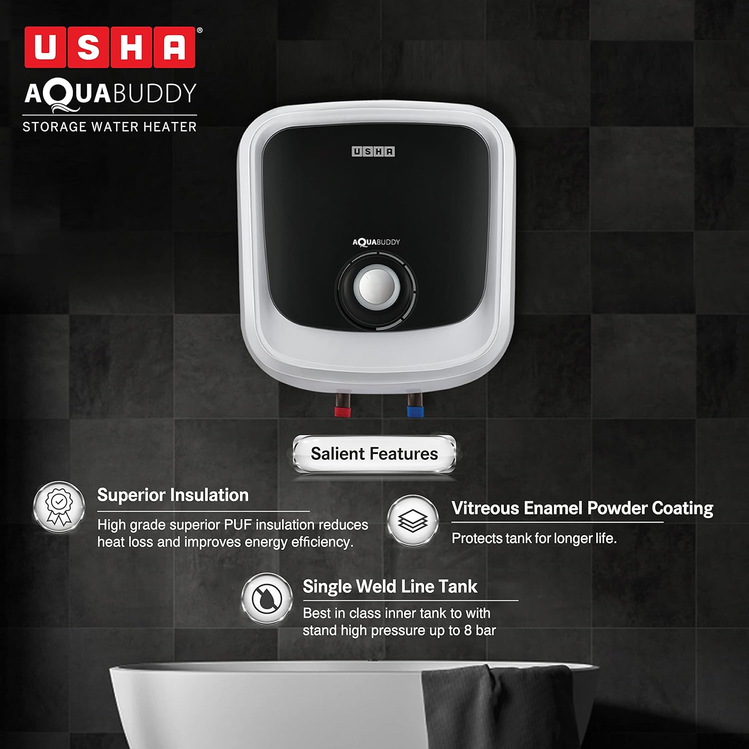 USHA GEYSER SWH AQUABUDDY 15L WHITE BLACK - Image 4