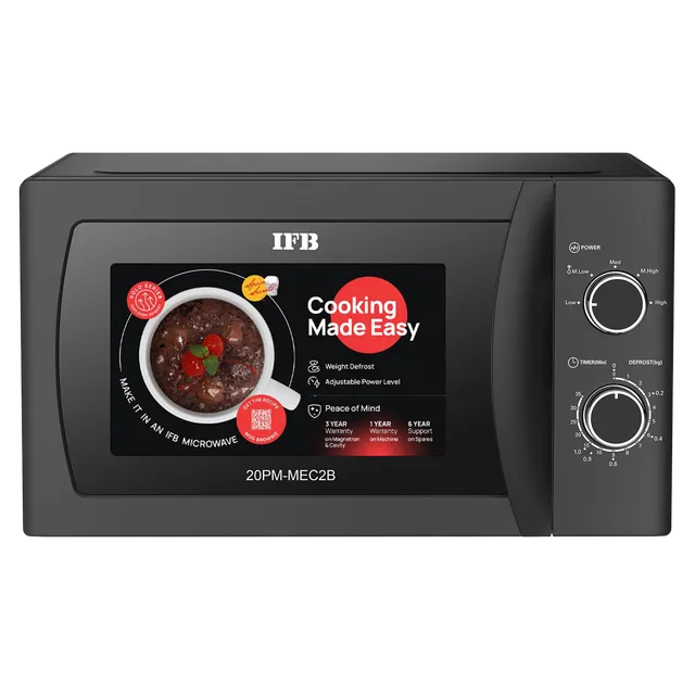 IFB 20PM MEC2B 20L solo microwave oven with 71 Auto Cook menus and timer option in black